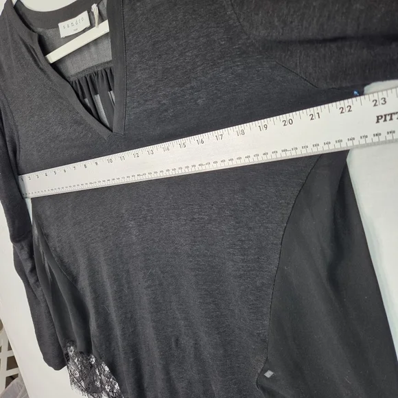 Sandro Paris Black Sheer Lace Hem Blouse Size 1 US S Linen Blend Long Sleeve - Picture 14 of 15